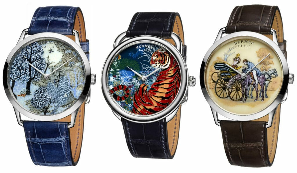The intricate dial paintings on the HermÃ¨s watches are miniature masterpieces
