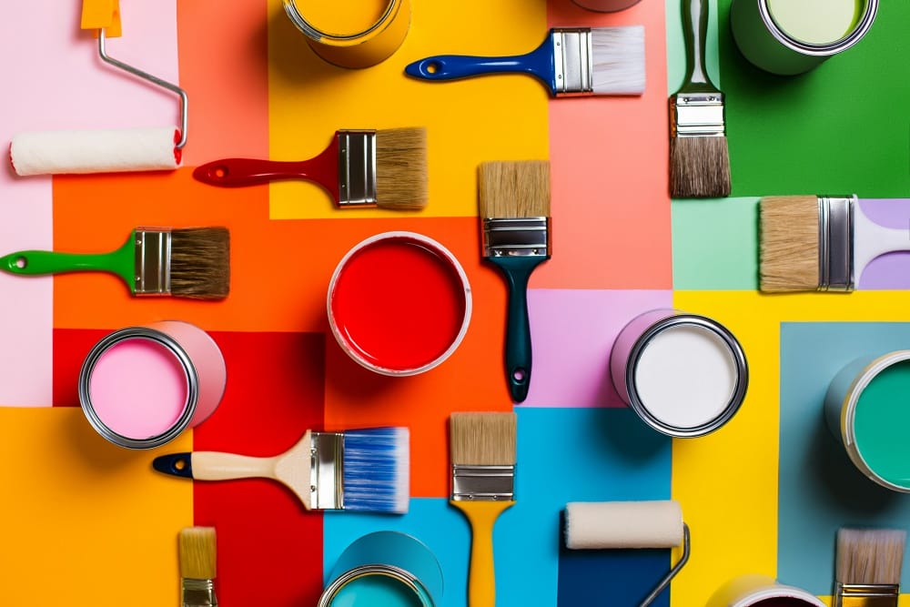 Colorful painting supplies for home repair. Trendy colors of the year