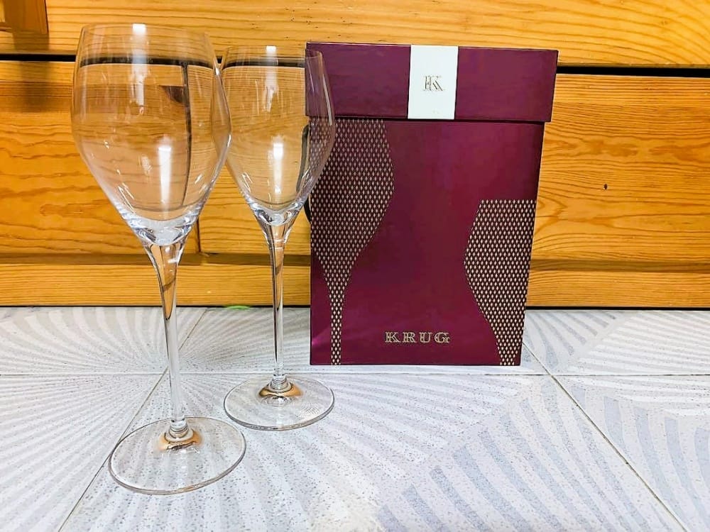 A pair of limited-edition Joseph Krug Champagne glasses.